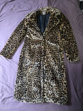 Faux Fur Leopard Print Long Coat - Brown